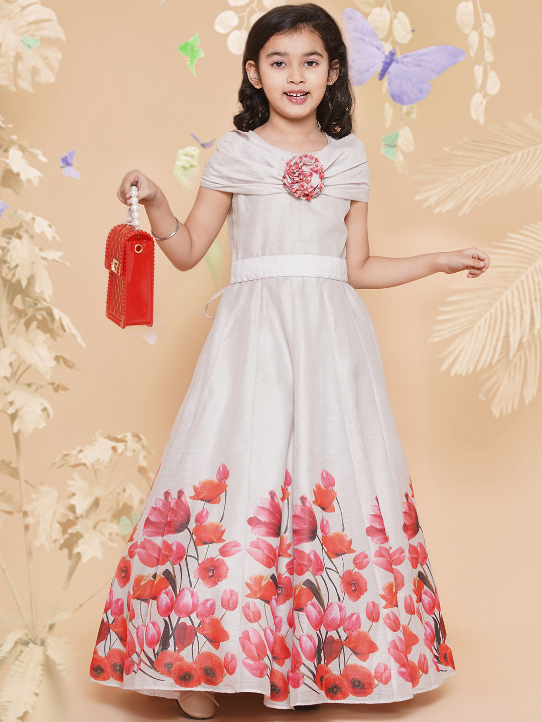 Bitiya By Bhama Girls Off White Flower Digital Printed Fit & Flared Maxi Dress.