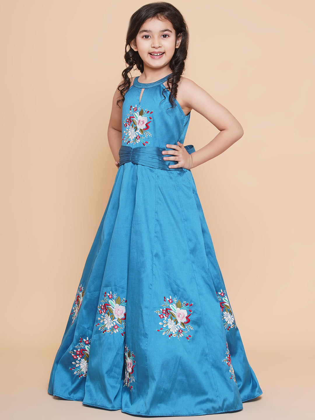 Bitiya By Bhama Girls Blue Embroiderd Flower Fit & Flared Maxi Dress.