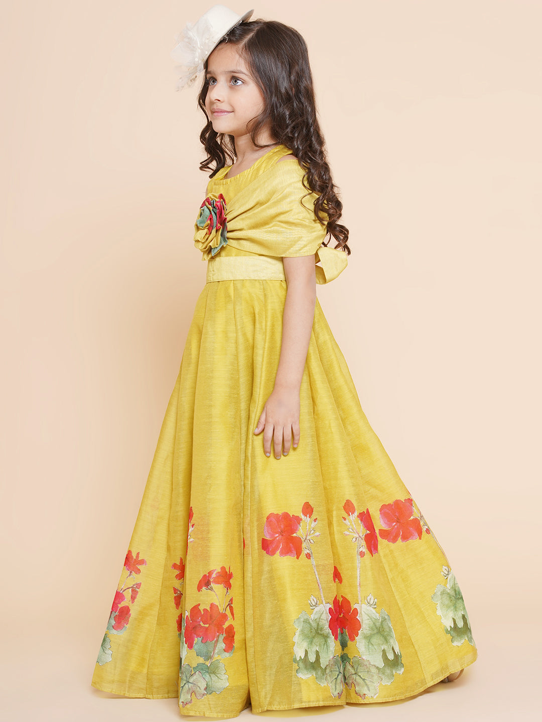 Bitiya By Bhama Girls Yellow Floral Printed Dress