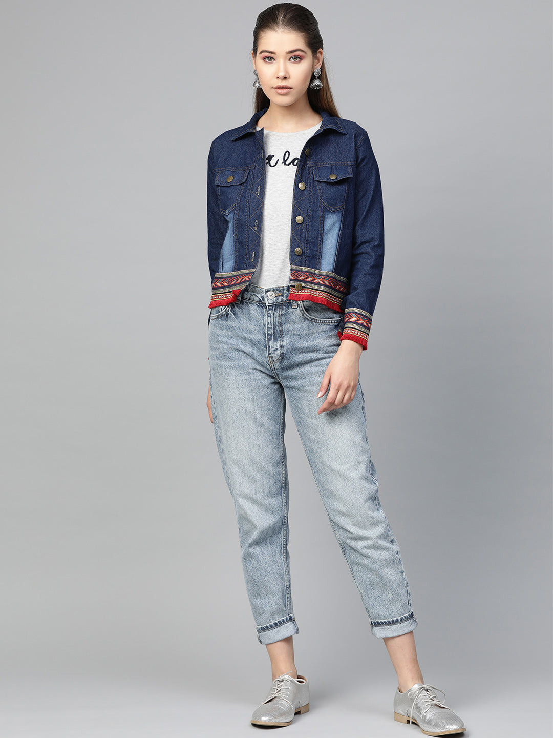 Bhama Couture Women Navy Blue Washed Denim Jacket