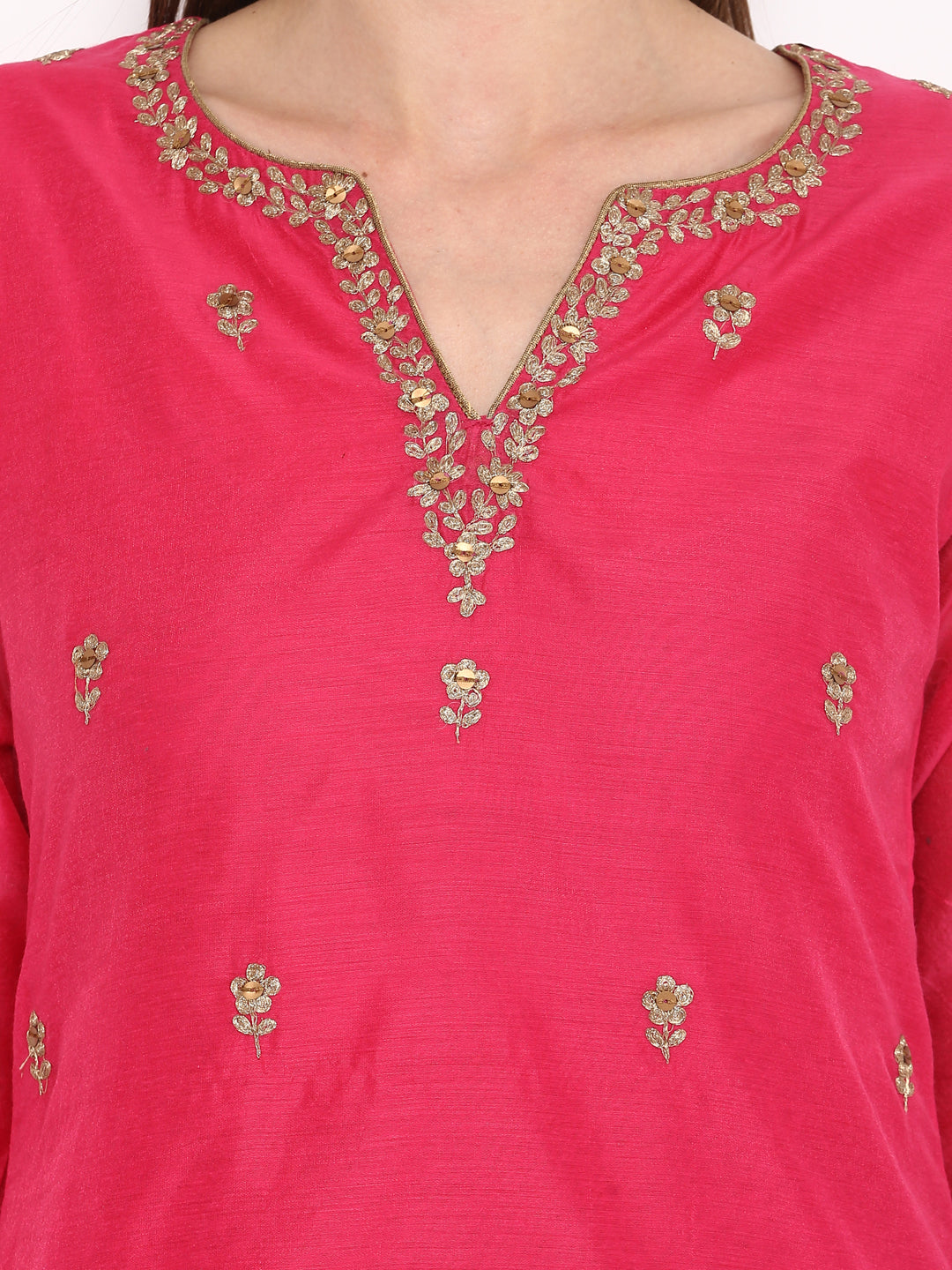 Pink And Golden Embroidered Kurta With Palazzos