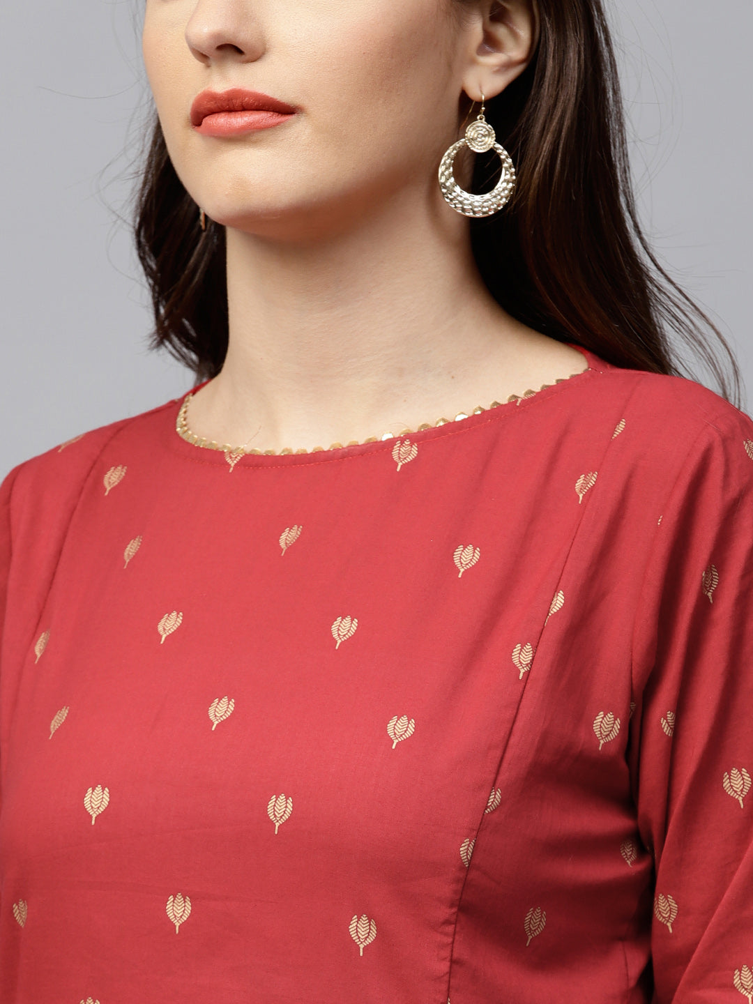 Red And Golden Printed Kurta With Palazzos.