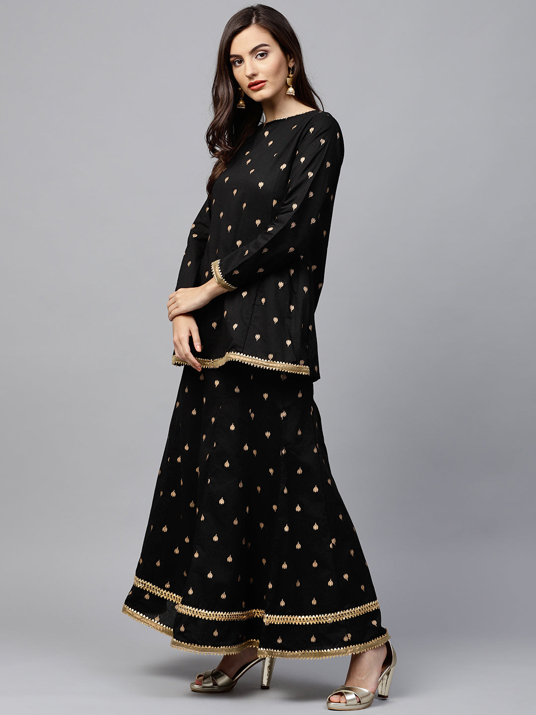 Black And Golden Printed Kurta With Palazzos.