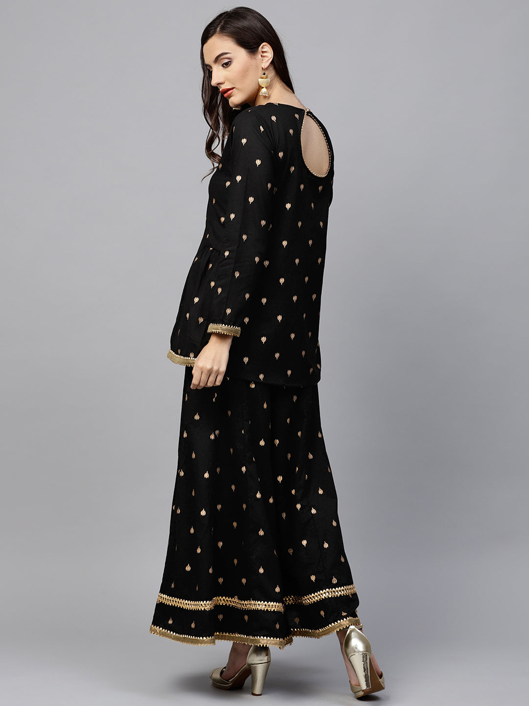 Black And Golden Printed Kurta With Palazzos.