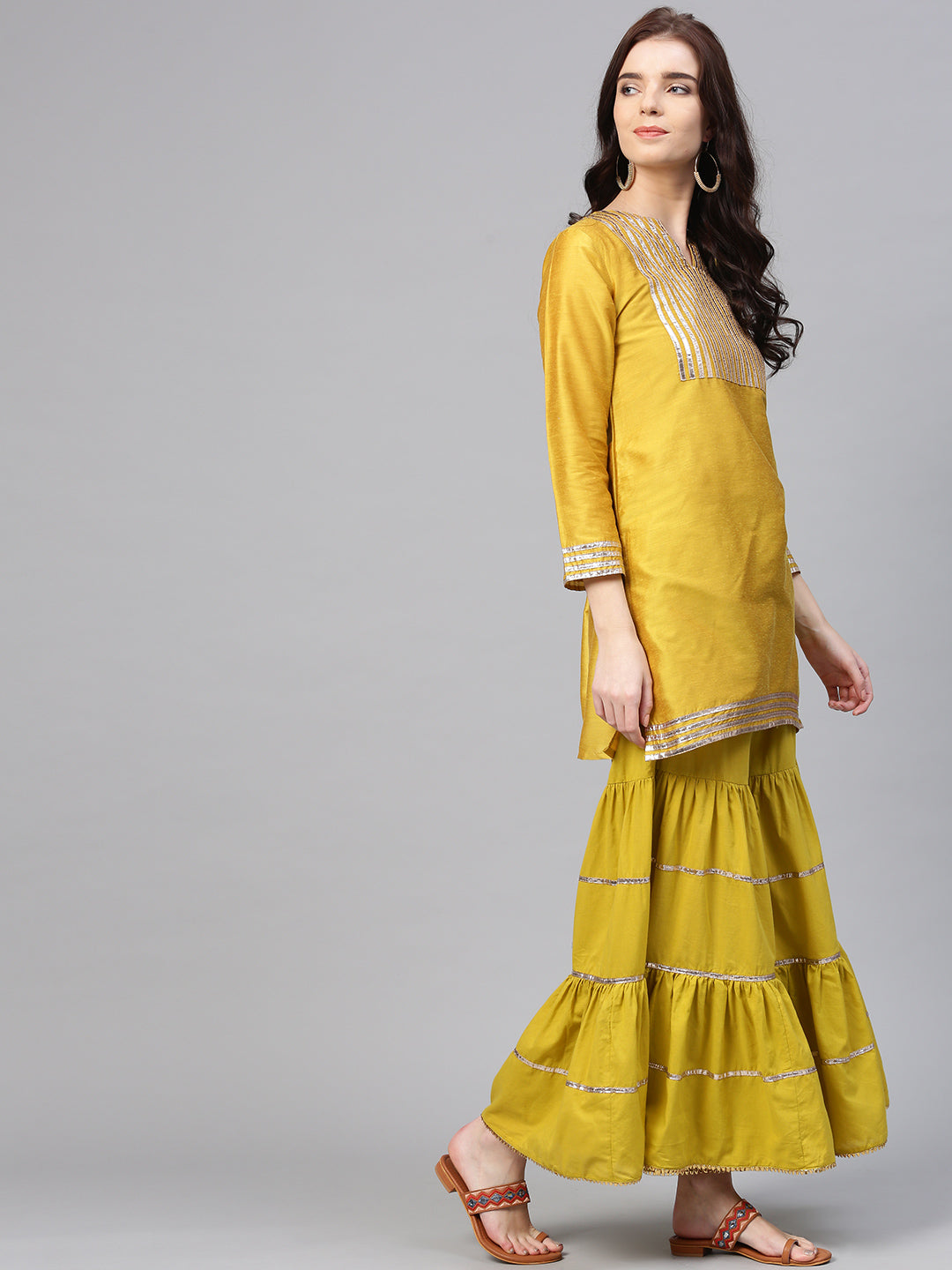 Mustard Striped Kurta With Sharara & Dupatta