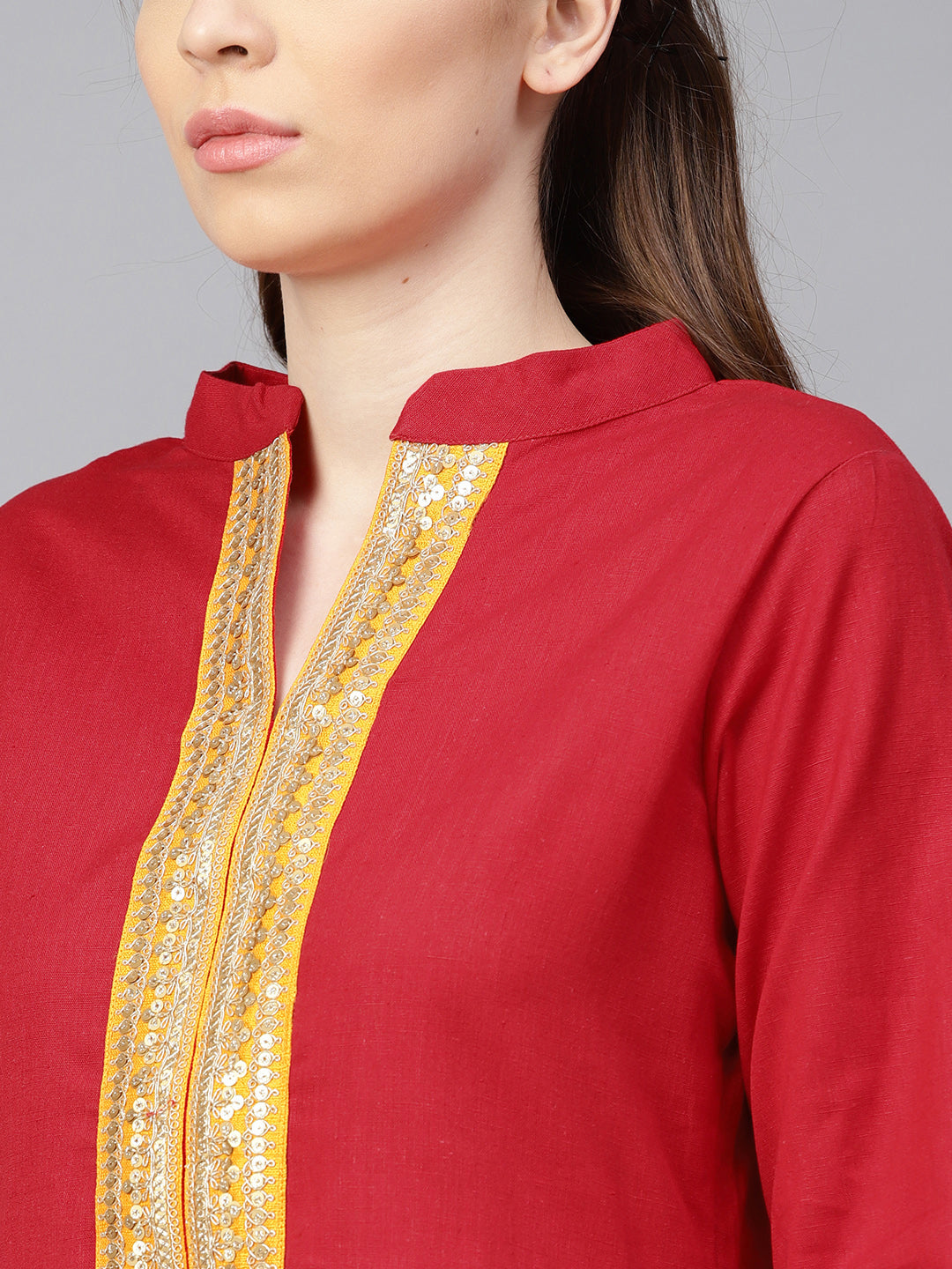 Bhama Couture Women Red & Mustard Yellow Yoke Design Kurta with Palazzos & Dupatta