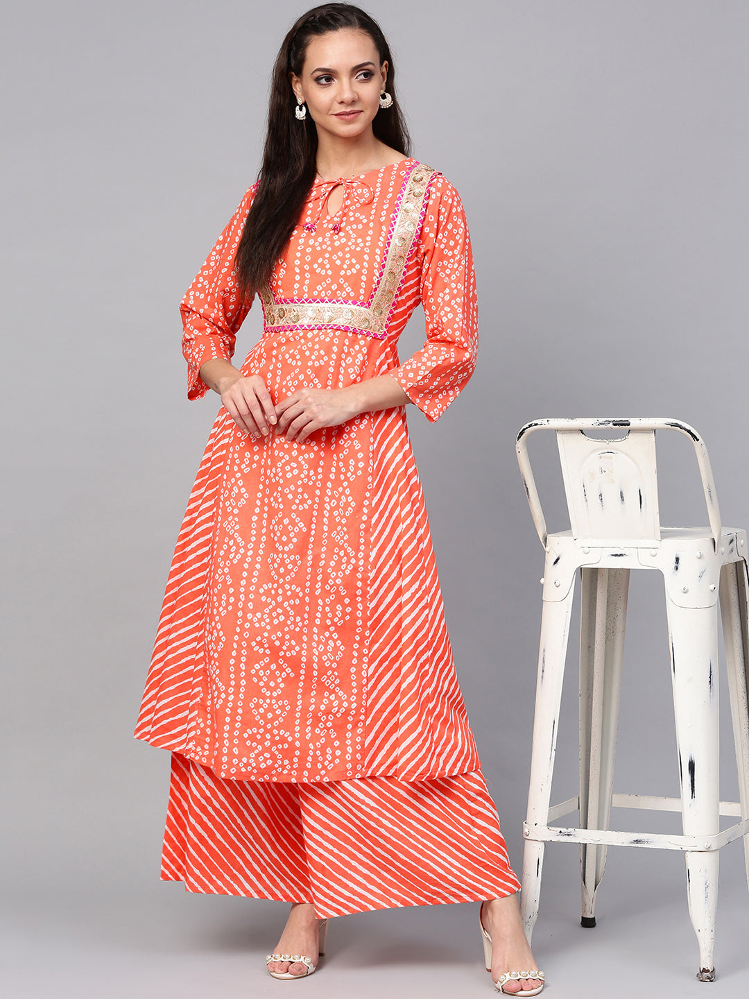 Bhama Couture Orange Bandhej Lace Work Kurta With Palazzos.