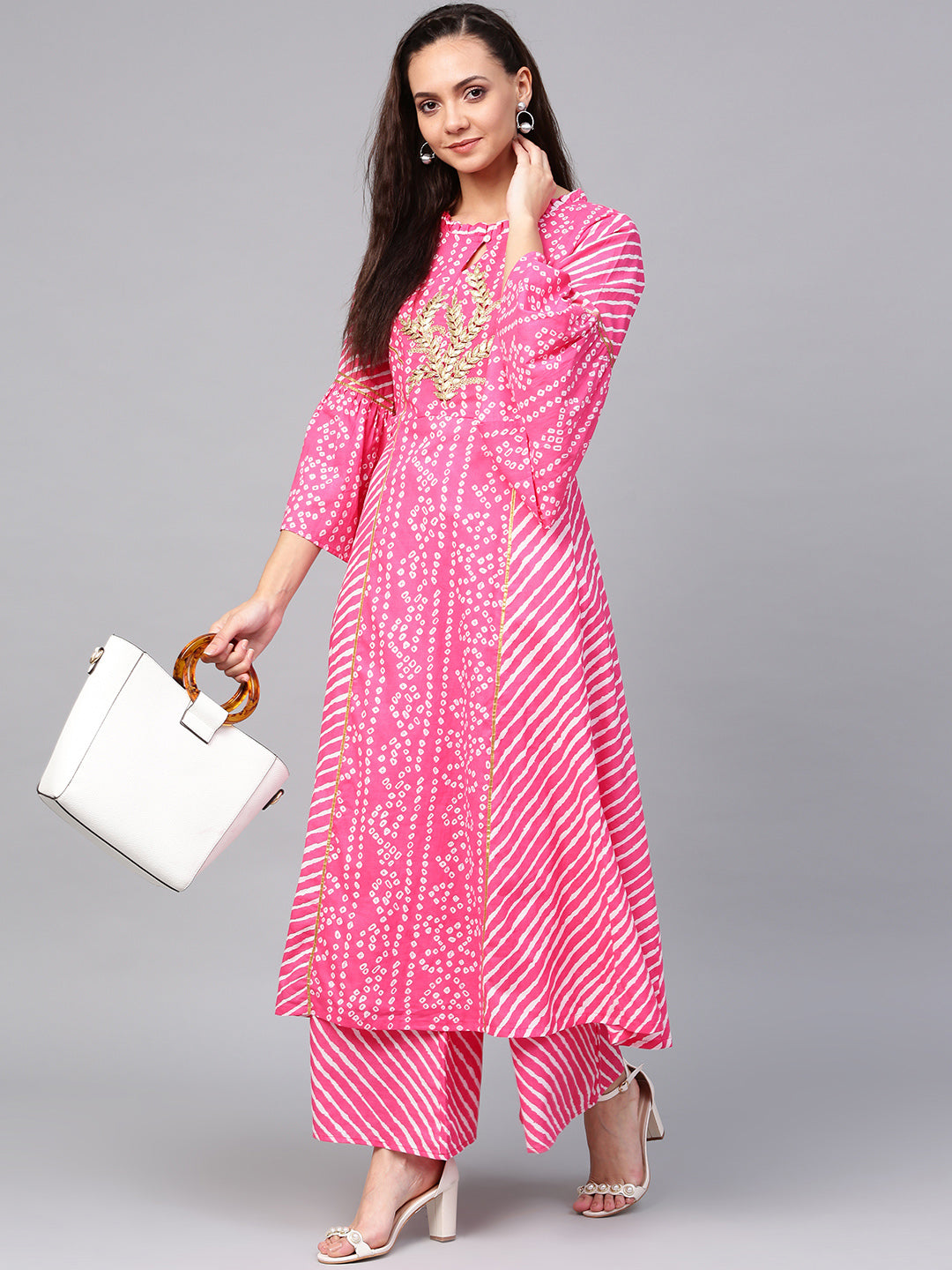 Pink And White Bandhani Print Kurta With Palazzos