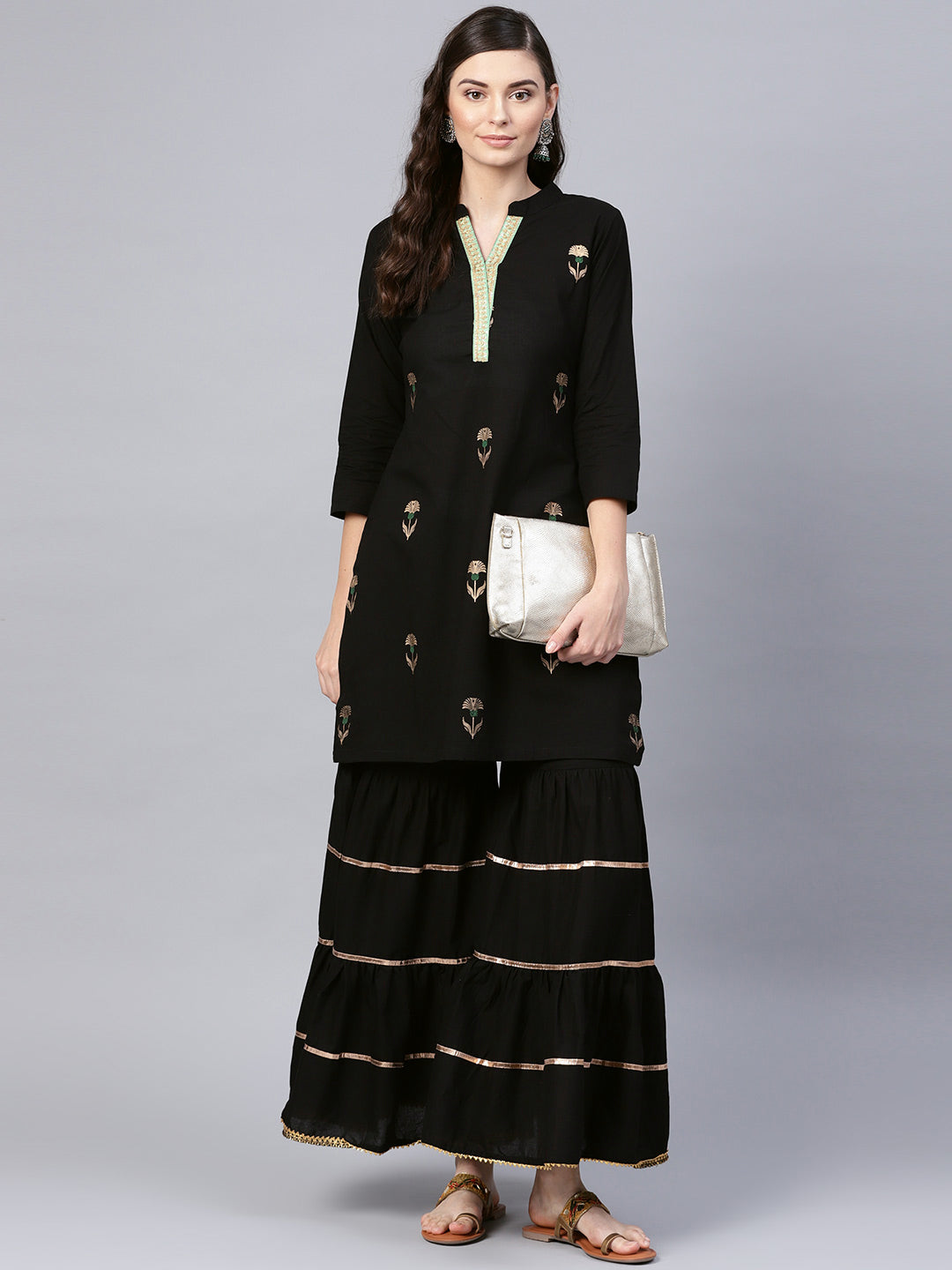 Black Foil Print Kurta With Black Gotta Details Sharara.