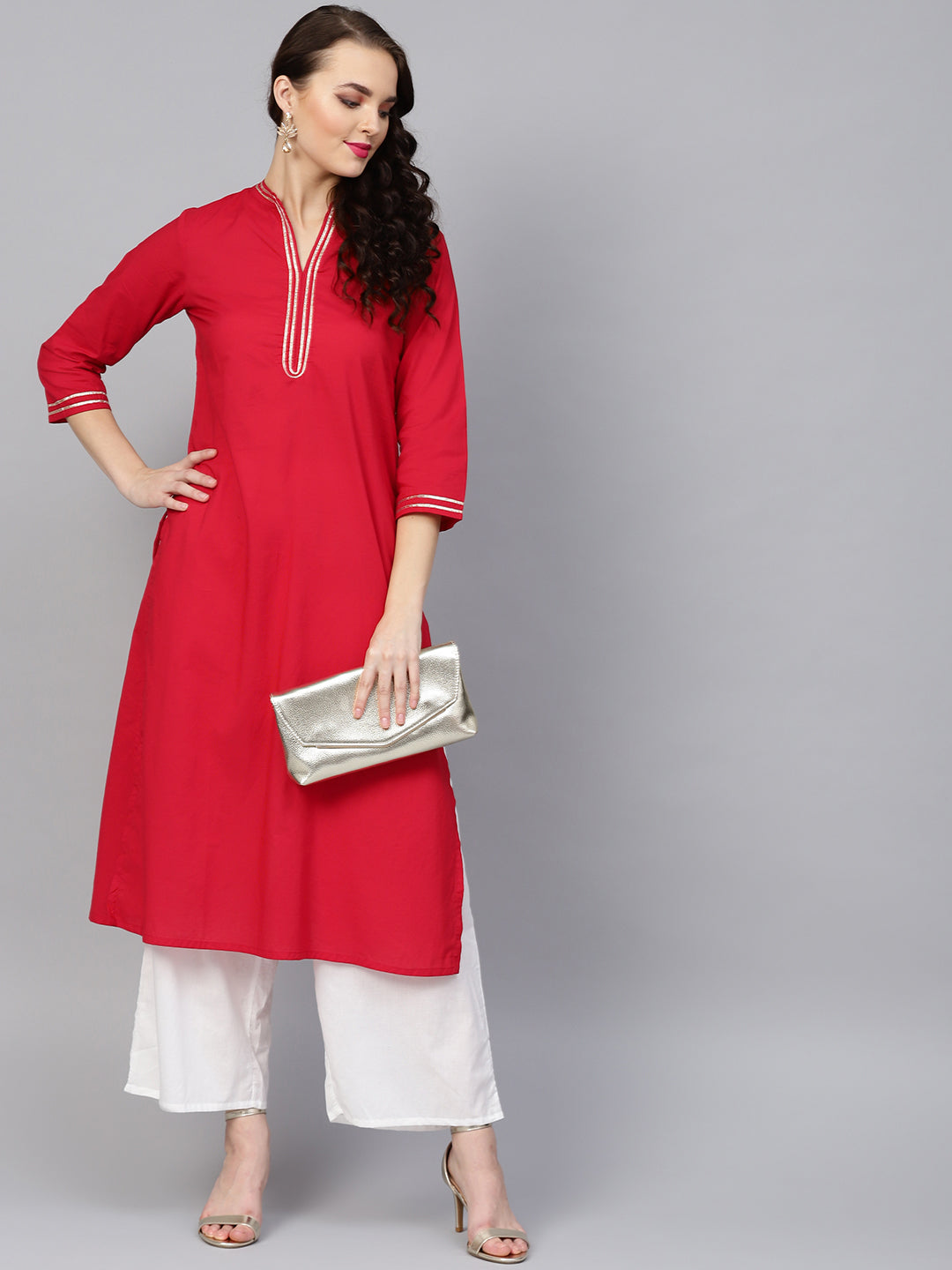 Red Solid Kurta With Off White Solid Palazzos