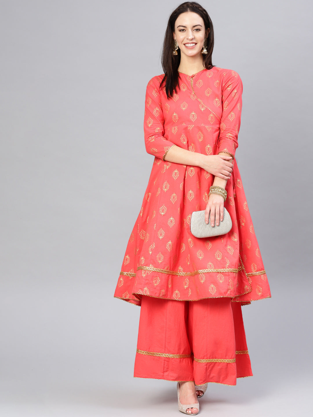Peach And Golden Printed Kurta With Palazzos