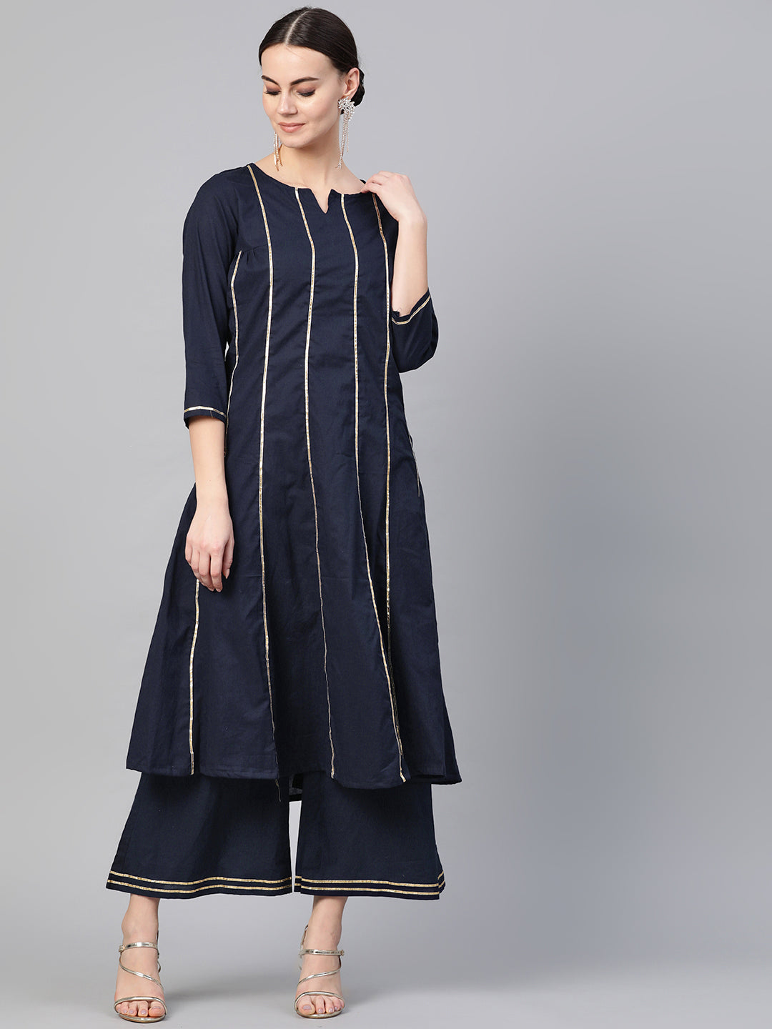 Navy Blue Gottta Patti Striped Kurta With Palazzos