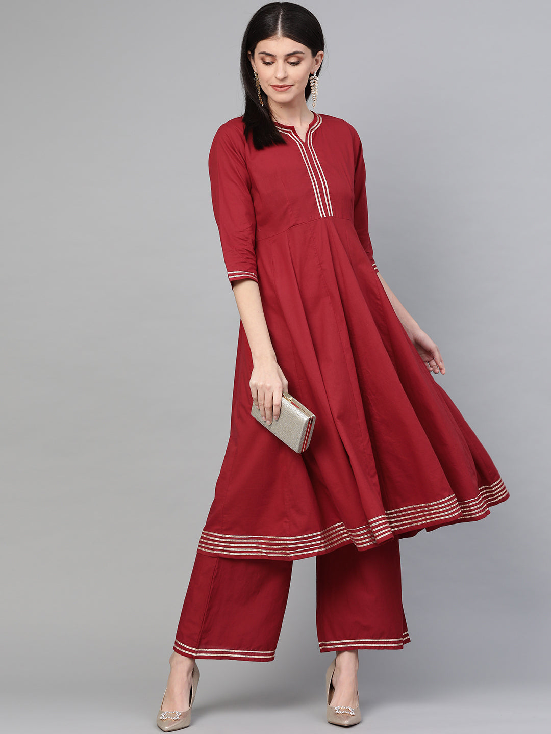 Bhama Couture Women Maroon Gotta Patti Detail Kurta with Palazzos