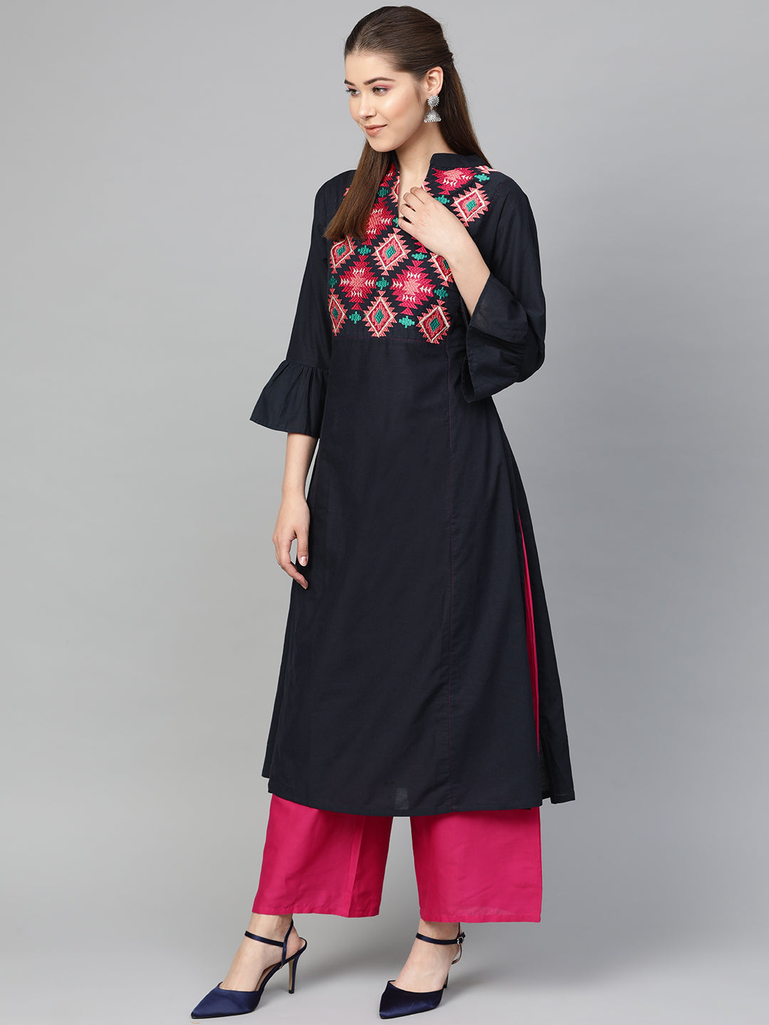 Bhama Couture Women Navy Blue & Pink Embroidered Pure Cotton Kurta with Palazzos