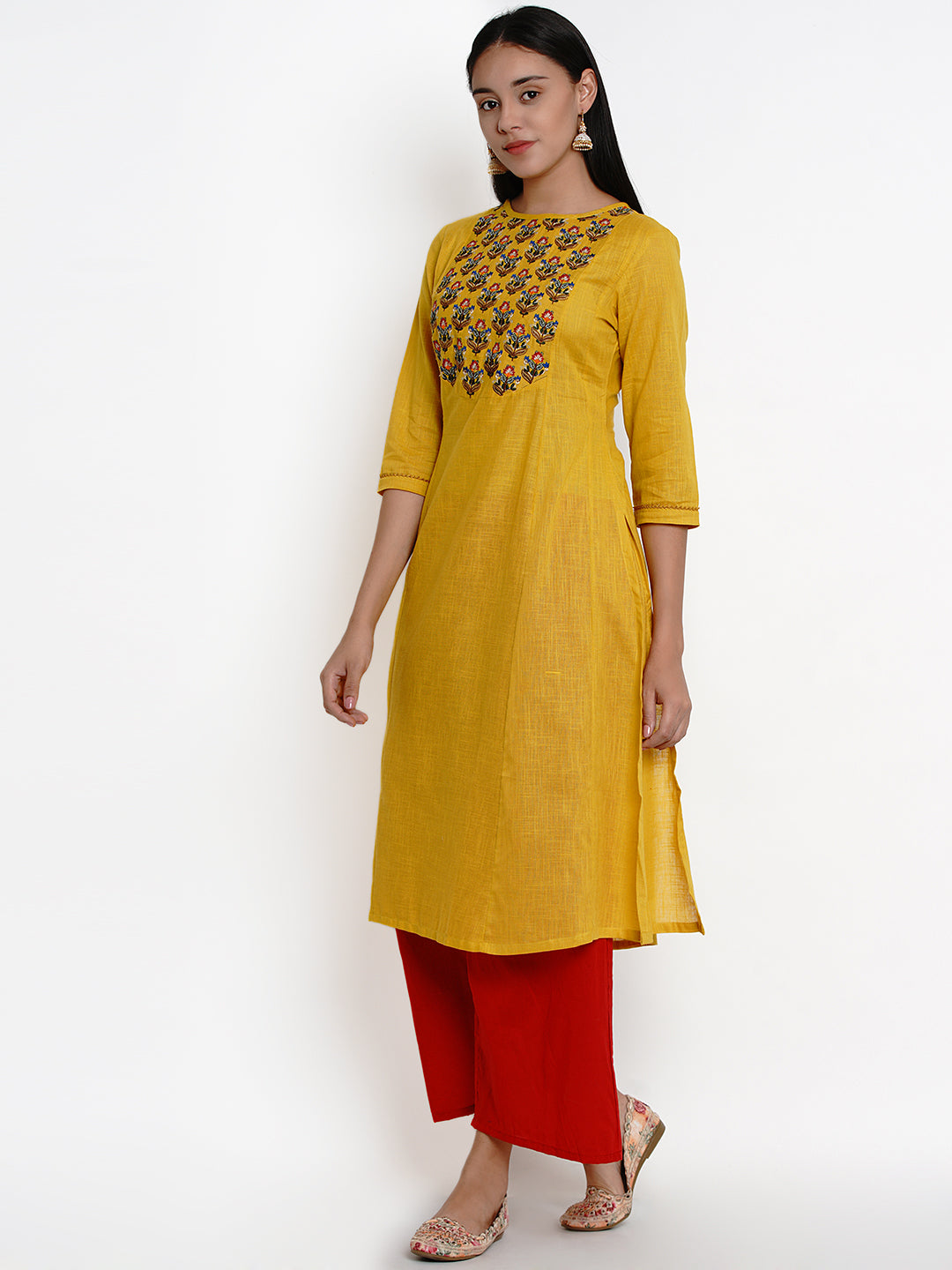 Bhama Couture Women Mustard & Red Yoke Design Kurti with Palazzos