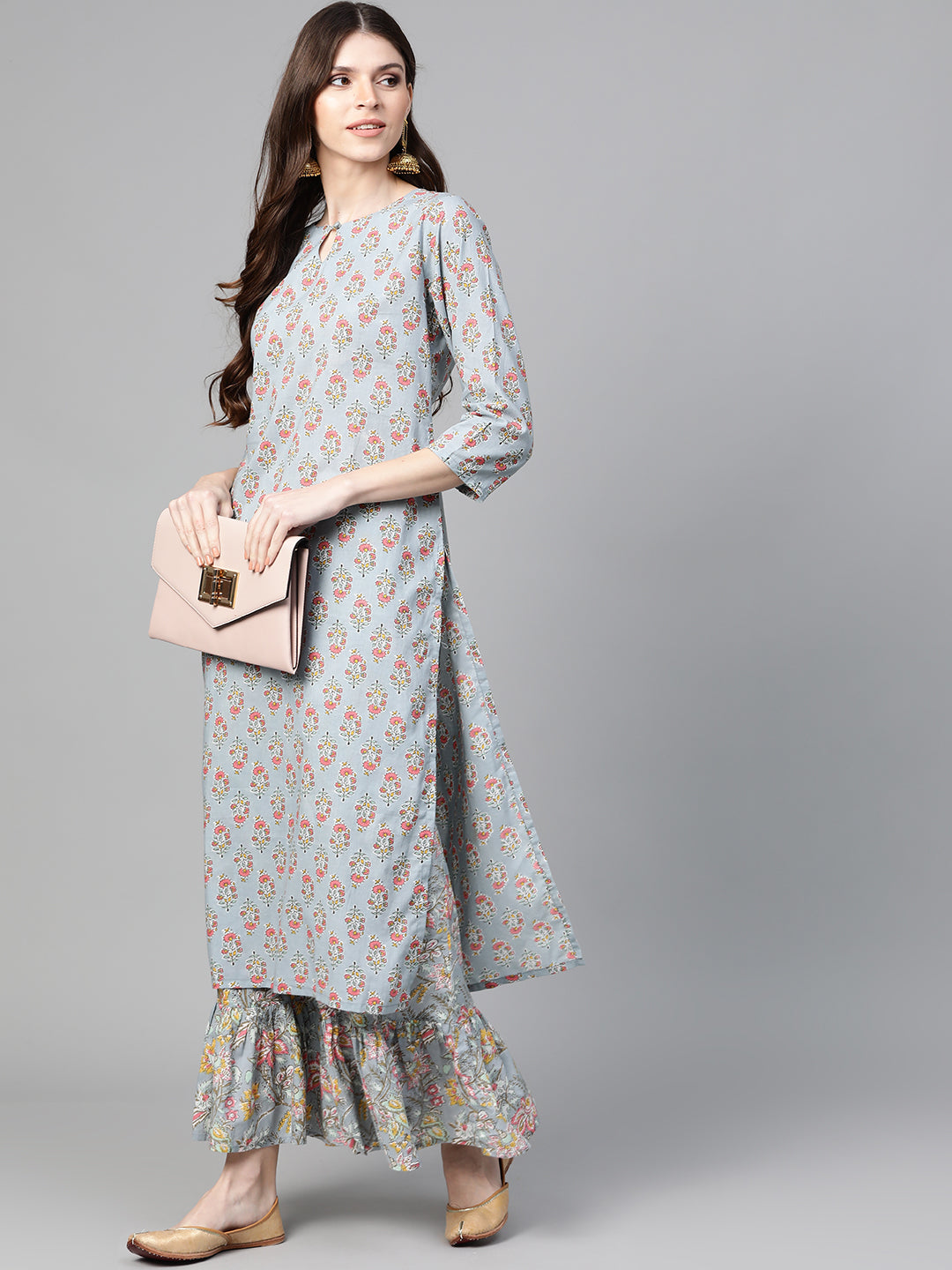 Grey And Pink Floral Print Kurta With Palazzos