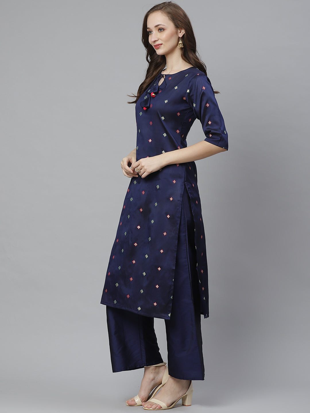 Navy Blue & Golden Woven Design Kurta with Palazzos