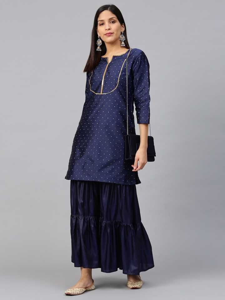 Bhama Couture Women Navy Blue & Golden Satin Finish Self Design Kurta with Sharara