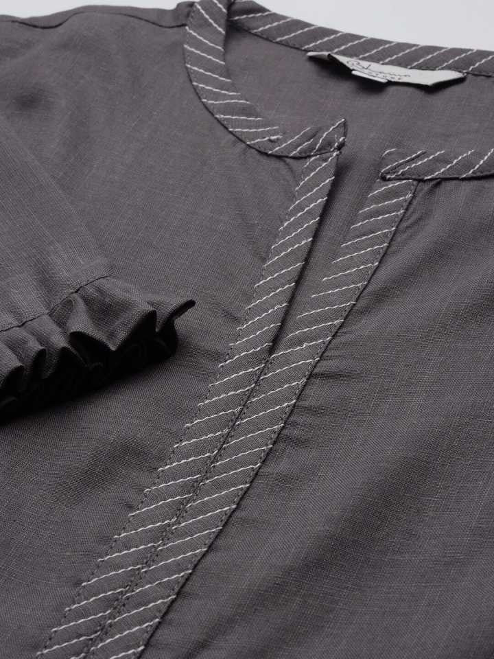 Grey Solid A- Line Panelled Kurta with palazzo & Printed Dupatta