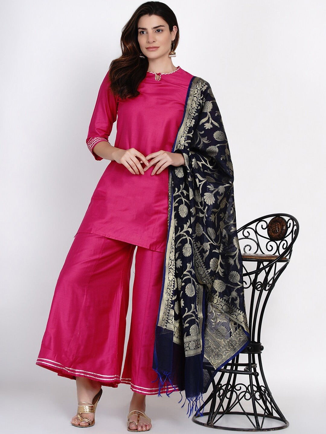 Pink solid kurta with palazzos and dupatta
