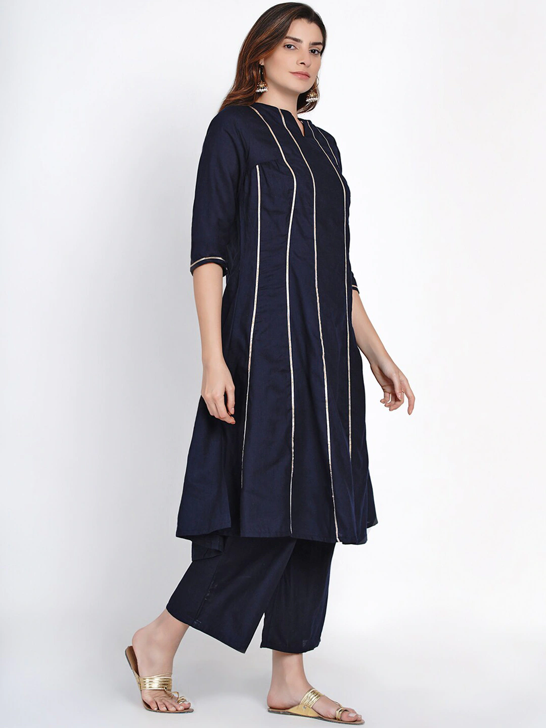 Blue & Golden Gotta Striped Kurta With Blue Solid Palazzos With Dupatta.