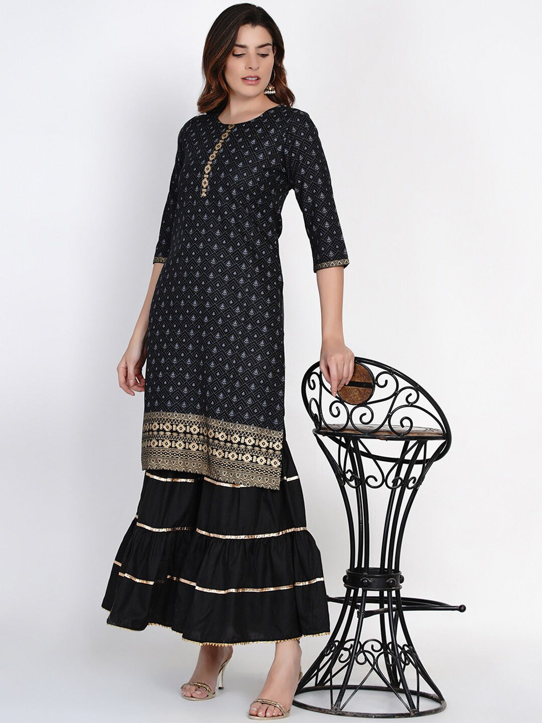 Black printed kurta with palazzos