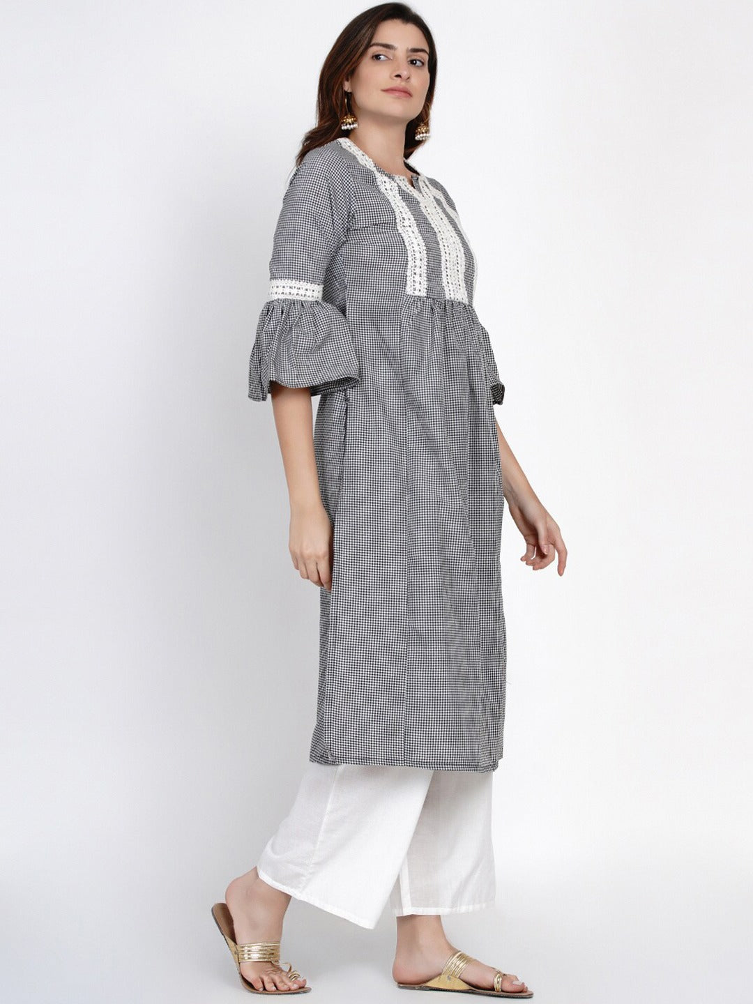 White & Black Checked Print Kurti With Lace Work Detailing With Palazzos