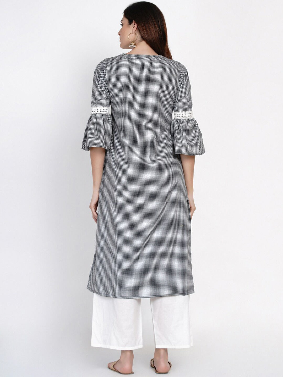 White & Black Checked Print Kurti With Lace Work Detailing With Palazzos