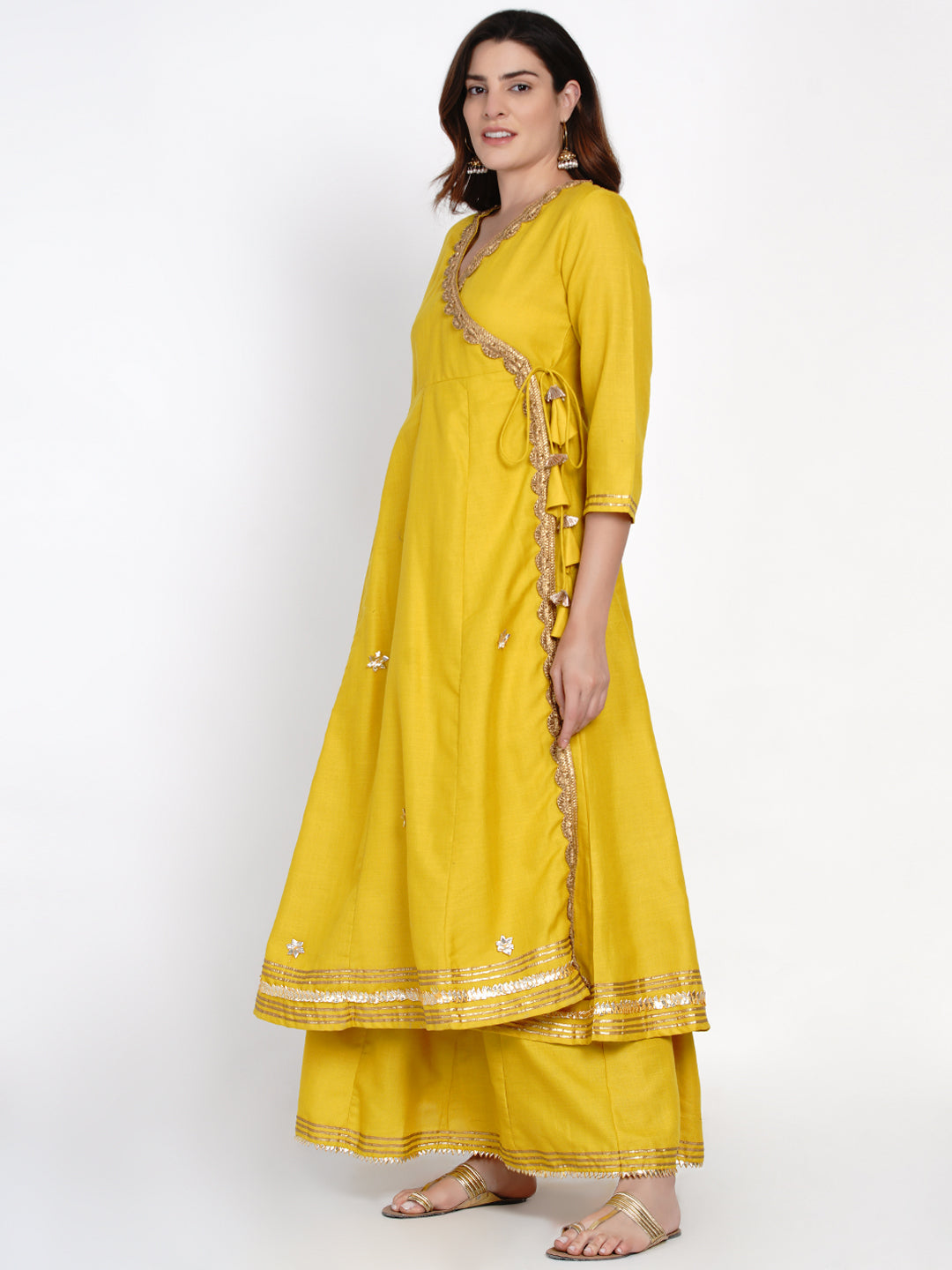 Mustard Yellow Solid Gotta Detailing Kurta & Mustard Gotta Lace Skirt