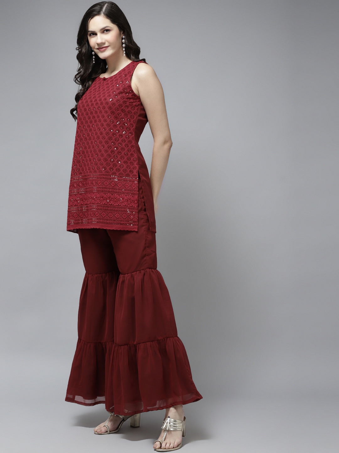 Maroon Embroidered Kurta With Sharara With Dupatta