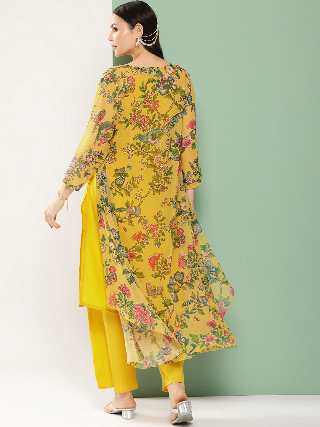 Mustard Floral Printed Jacket, Kurta With Palazzos.