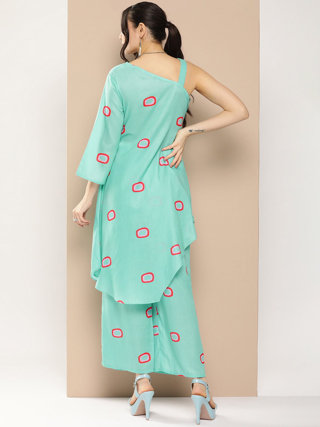 Blue Geometrical Print One Shoulder Kurta With Palazzos