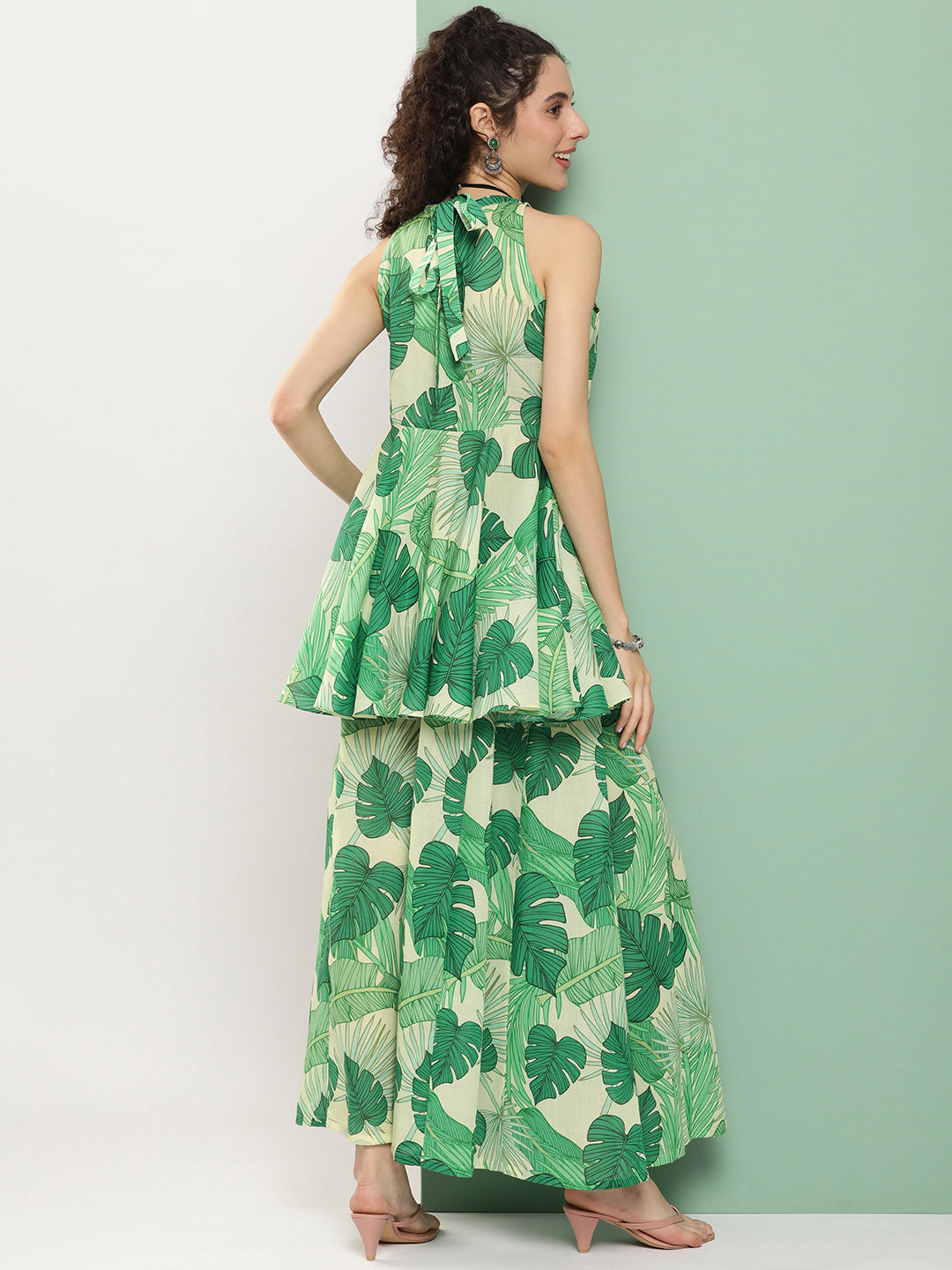 Bhama Couture Green Leaf Print Short Kurta With Sharara