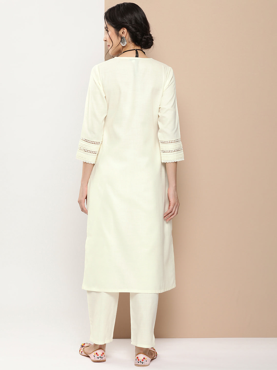 Bhama Couture Off White Embroidered Kurta With Off White Solid Palazzos.