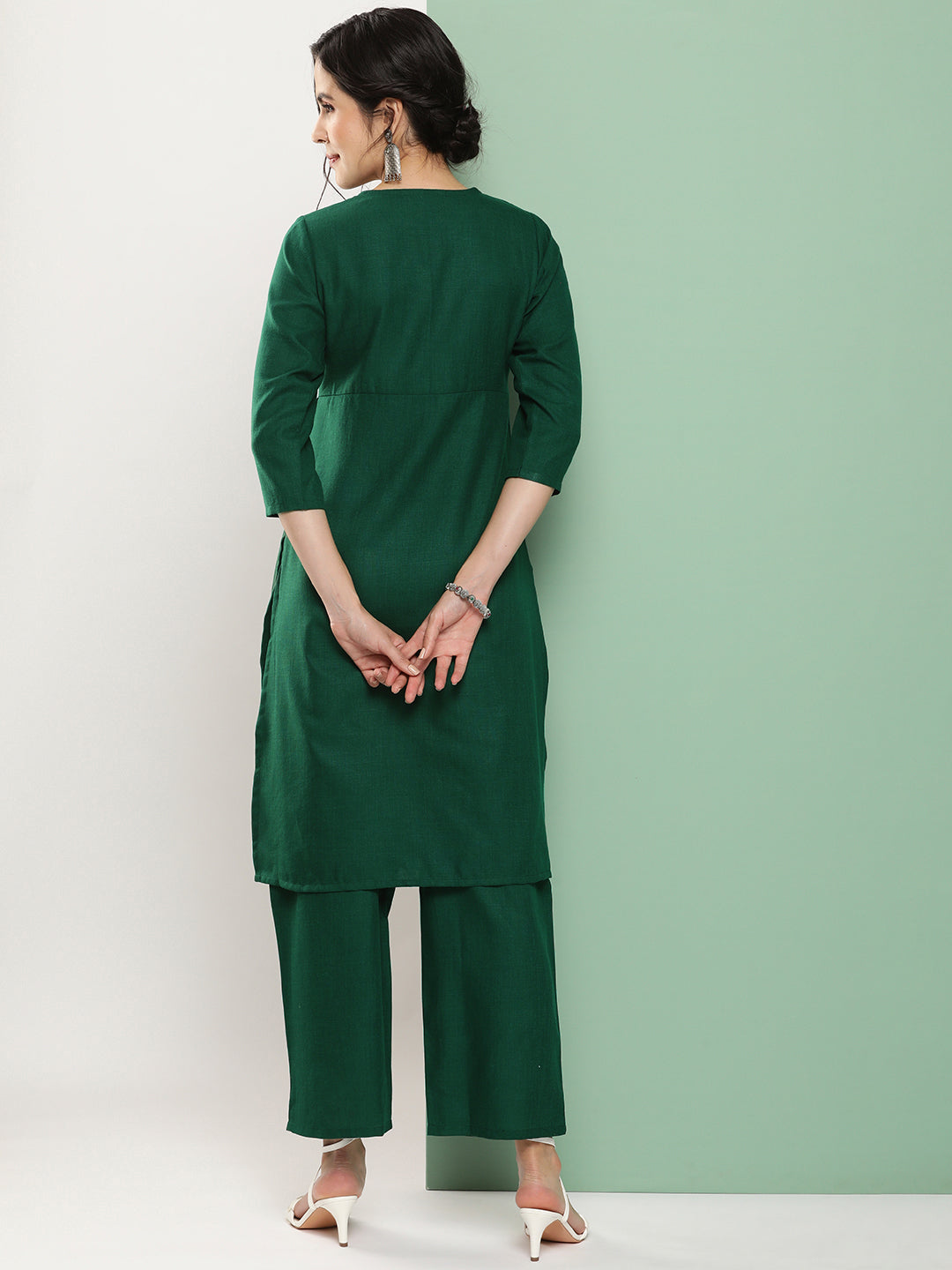 Bhama Couture Green Embroidered Kurta With Green Solid Palazzo.