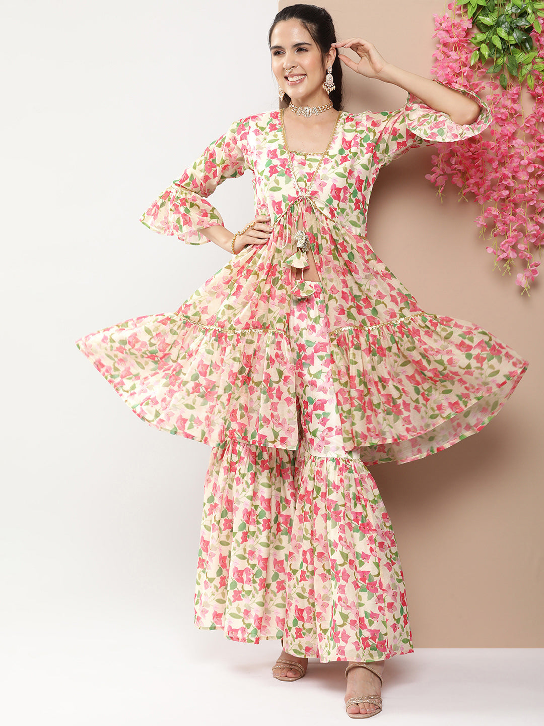 Bhama Couture Beige Floral Print Kurta Gotta Patti Details With Beige Floral Print Sharara.