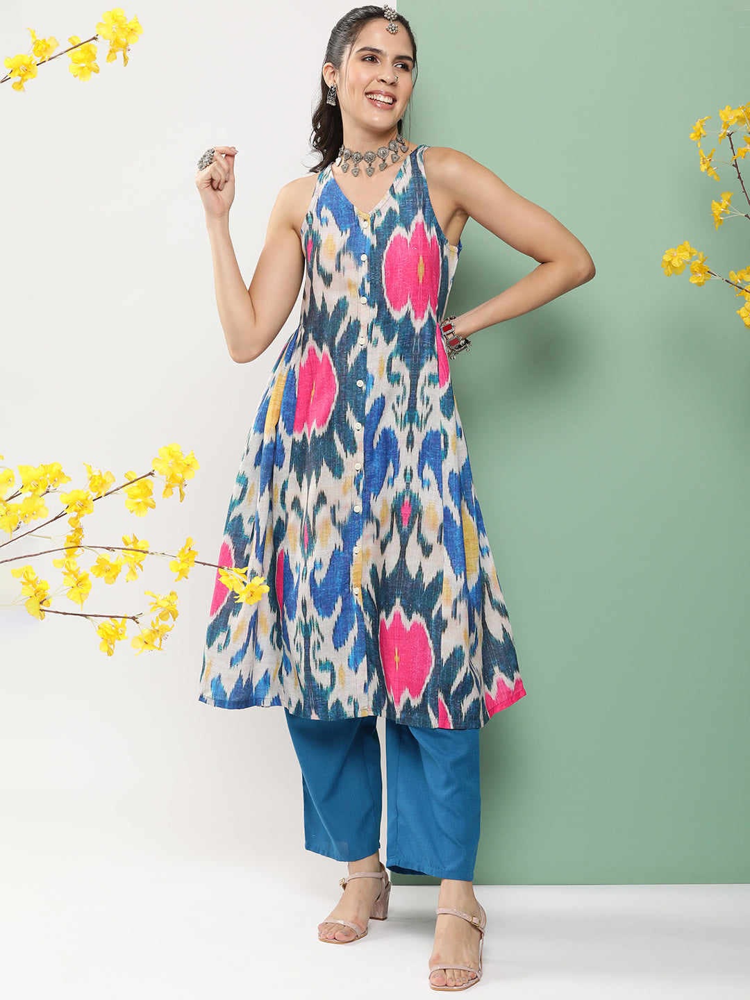 Bhama Couture Multi-Colour Ikat Print A-Line Calf Length Kurta With Blue Solid Palazzos.