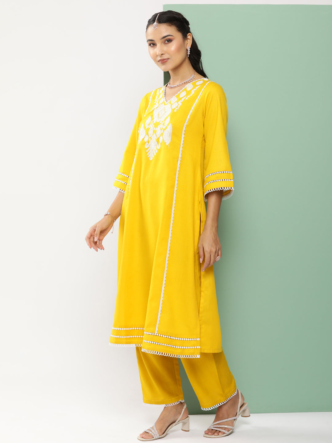 Bhama Couture Mustard Ikat Embroidered Kurta With Mustard Solid Palazzo.