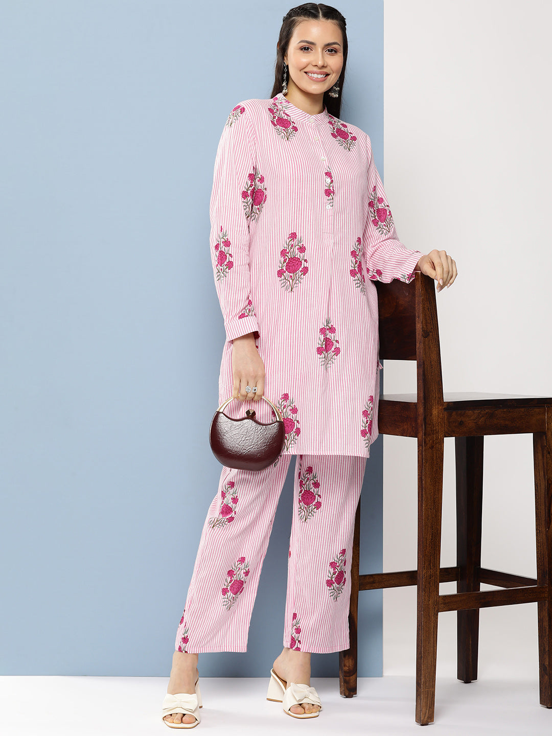 Bhama Couture Pink Floral Print Tunic Set.