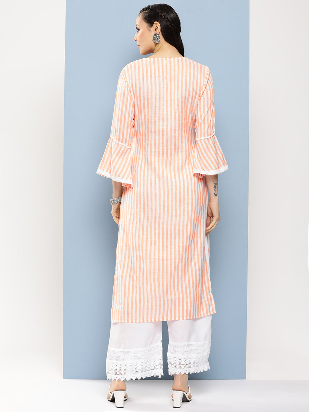 Bhama Couture Light Orange Lace Details Kurta With Off White Palazzo.