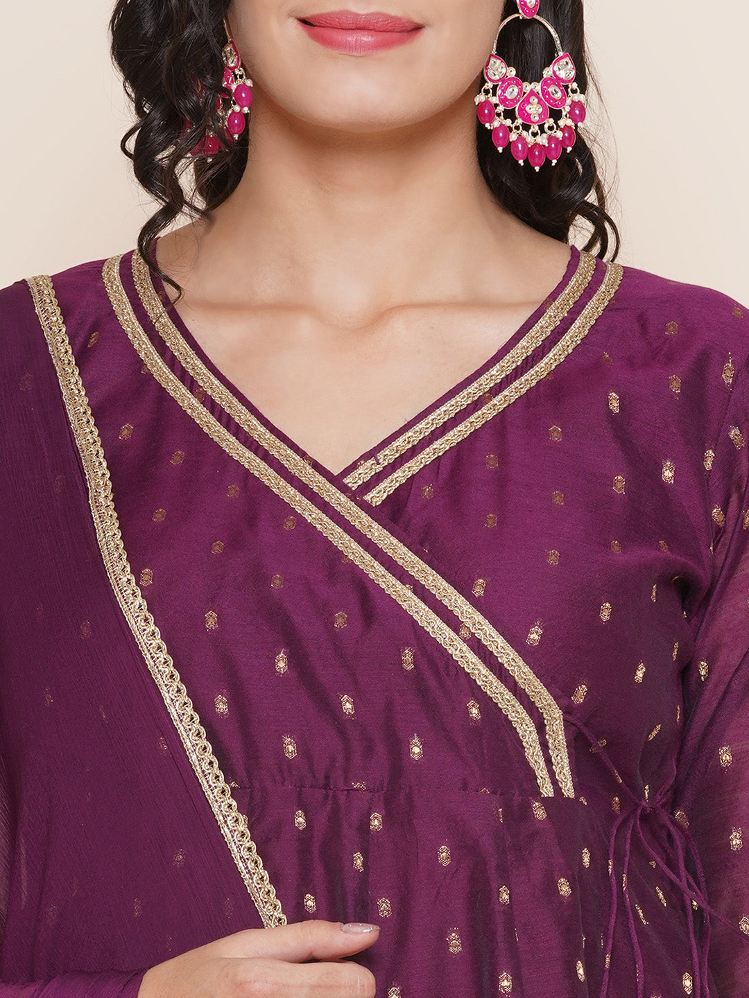 Purple Angrakha Style Kurta With Solid Palazzo & Dupatta