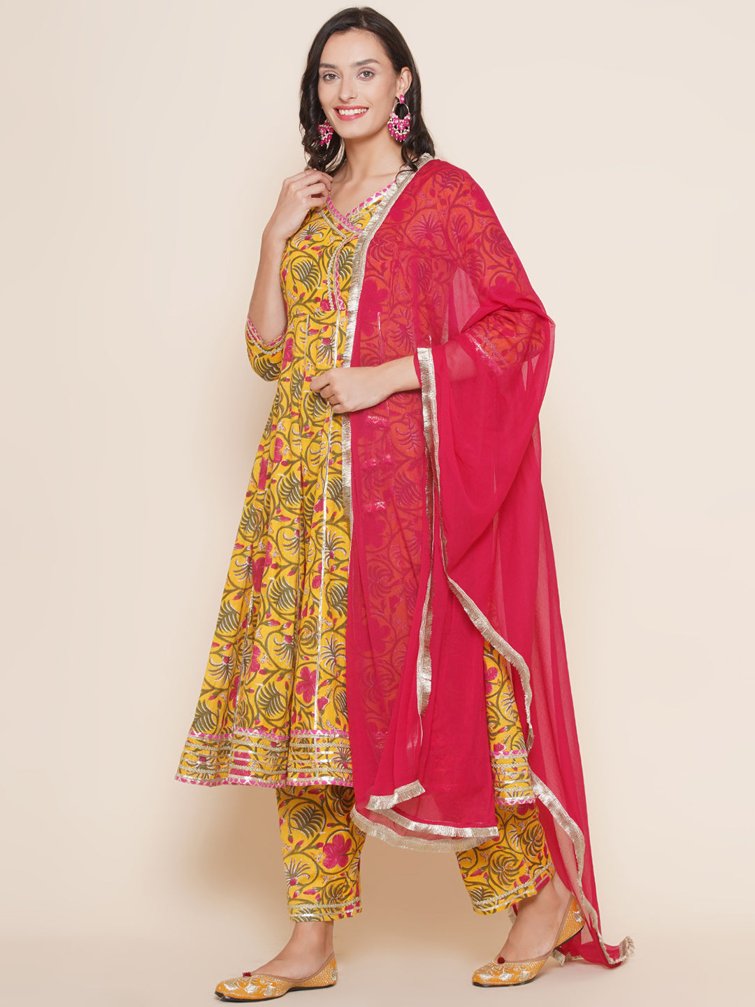 Yellow Floral Printed Angrakha Style Gotta details Kurta & Palazzos with Dupatta