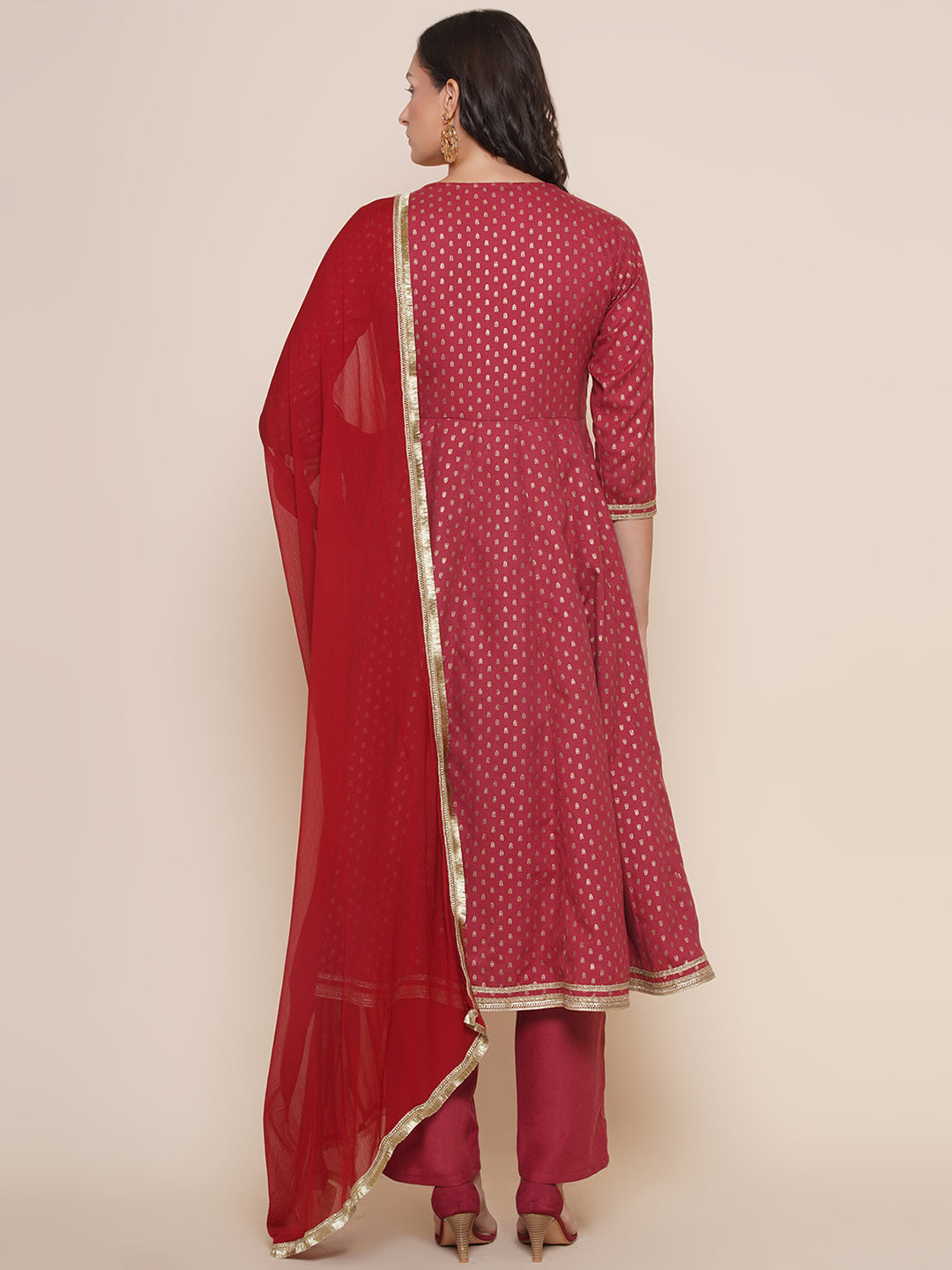 Maroon Printed Angrakha Style Kurta With Maroon Solid Palazzo & Dupatta