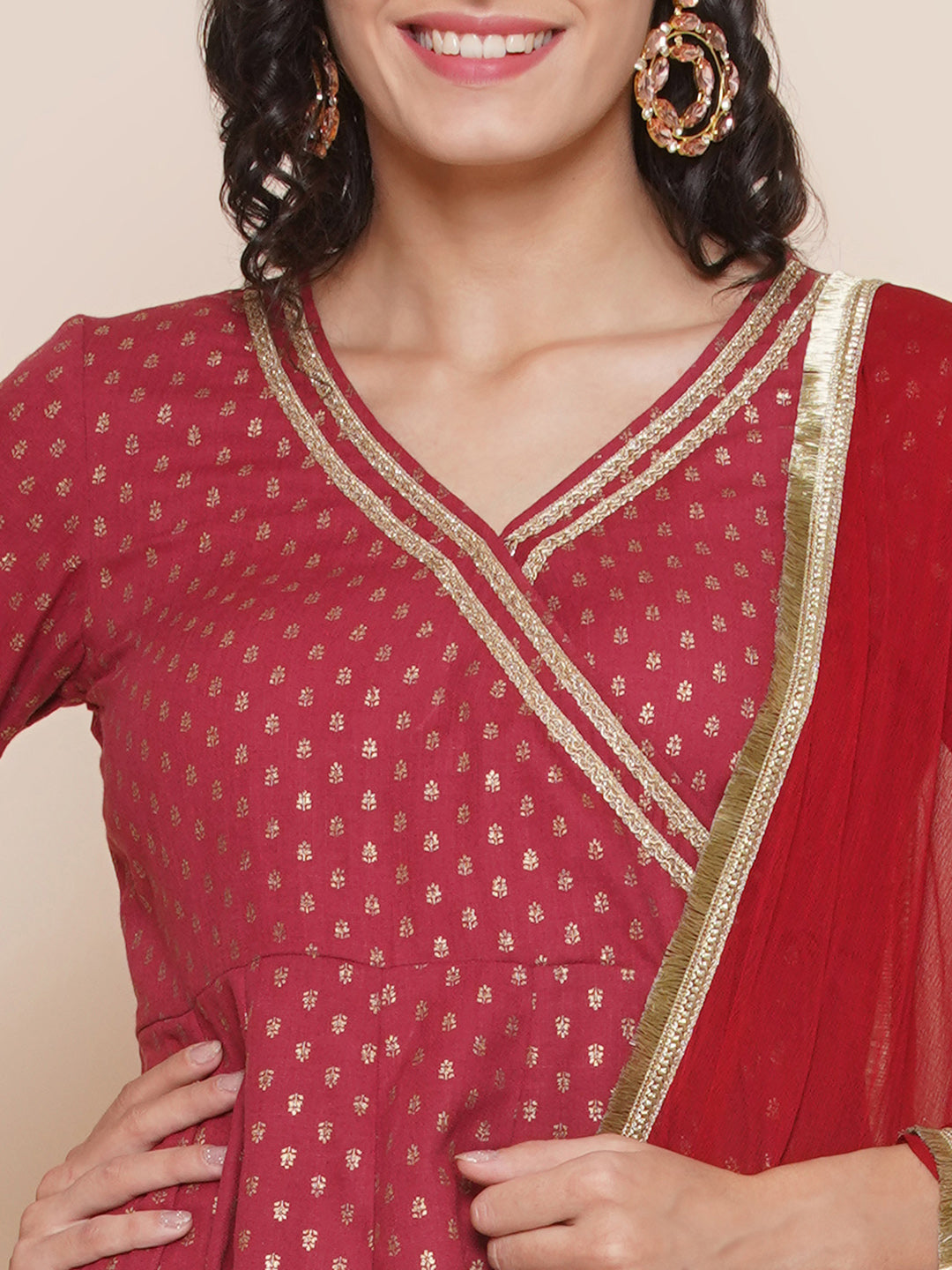 Maroon Angrakha Style Kurta With Maroon Solid Palazzo & Dupatta.