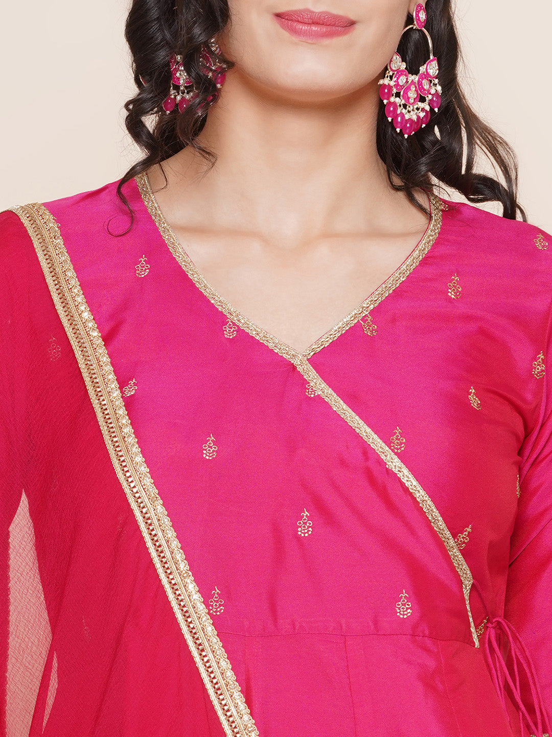 Pink Angrakha Style Yoke Embroidered Kurta With Pink Solid Palazzo & Dupatta