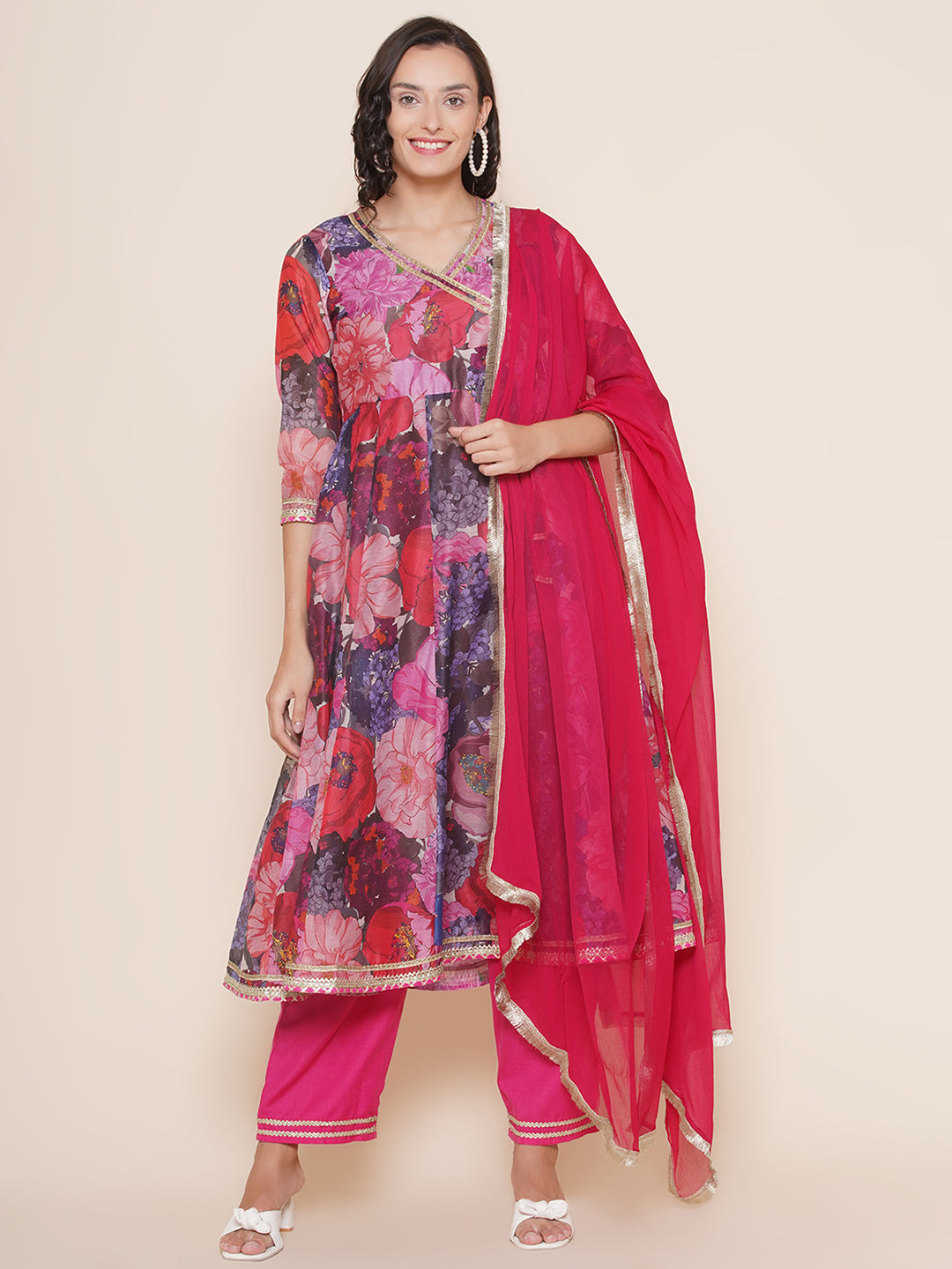 Bhama Couture Purple Multi Print Angrakha Style Kurta & Pink Solid Palazzo With Dupatta