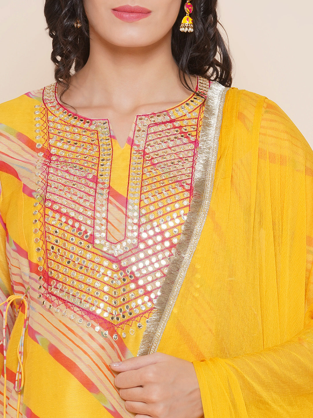 Bhama Couture Yellow Leheriya Printed Embroidered yoke A-Line Kurta & Yellow Solid Plazzos With Dupatta