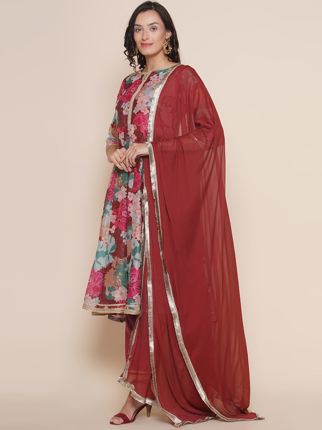 Maroon Multi Floral Print Pannel flared Gotta Details Kurta & Maroon Solid Palazzos With Dupatta