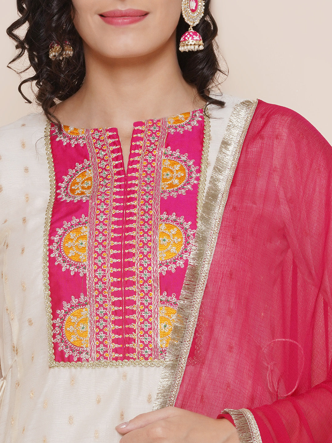 Bhama Couture Off White A-Line Self Design Booti Embroidered yoke Kurta & Pink Solid Plazzos With Dupatta
