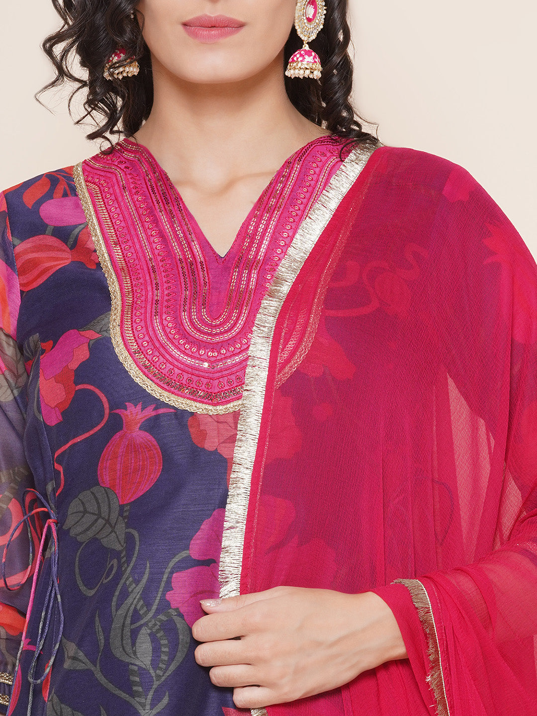 Bhama Couture Blue Pink Floral Print A-Line Yoke Embroidered Kurta & Pink Solid Plazzos With Dupatta
